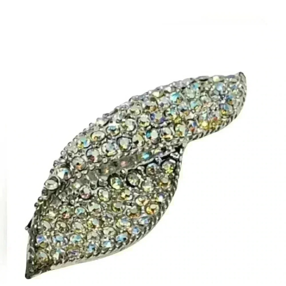 Vintage AB Rhinestone Brooch Twisted Leaf Rope Border 1940s Rhodium Plated - Picture 1 of 8